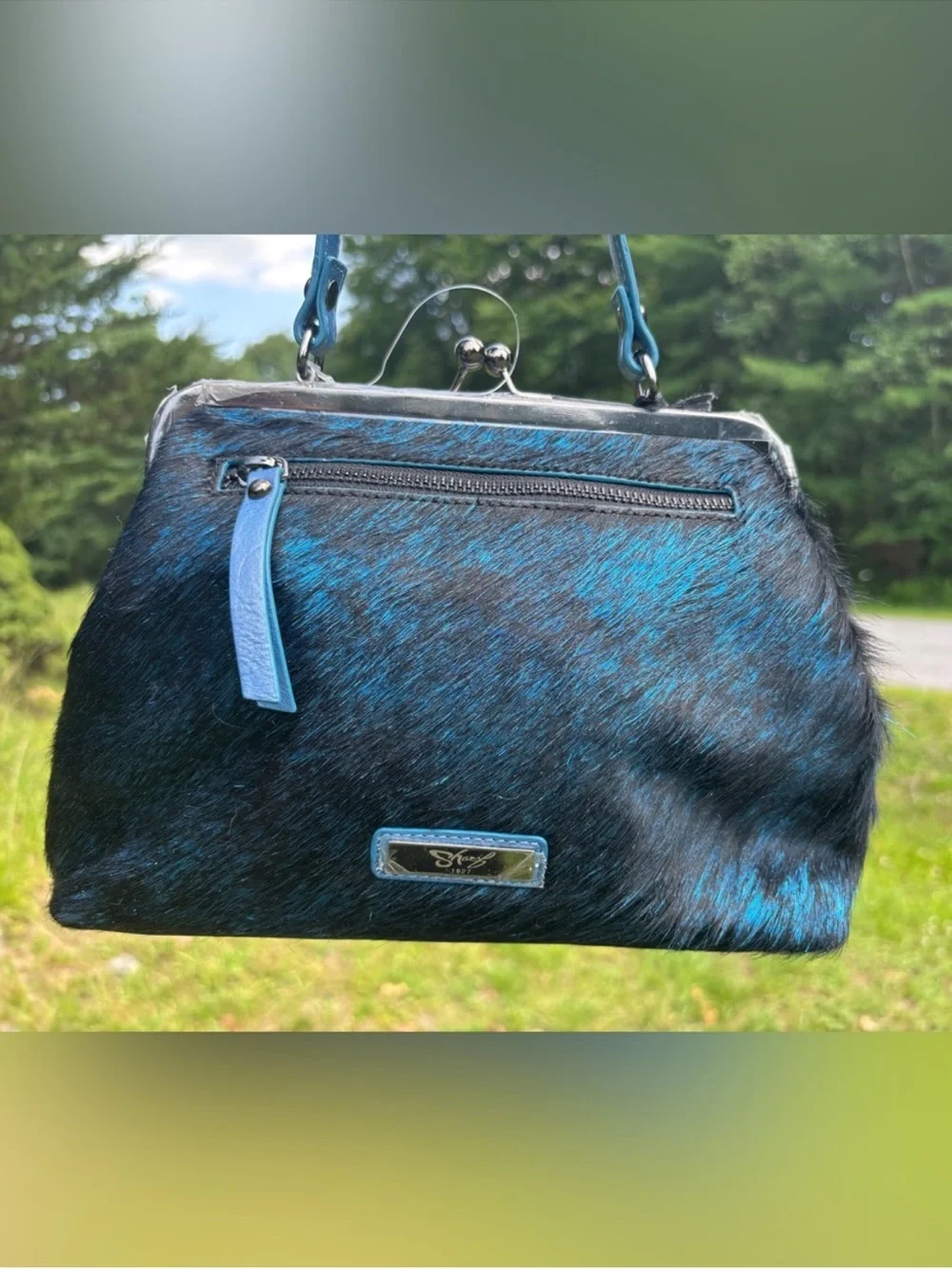 Sharif Frame Bag with kiss lock Navy Blue Faux Fur Women's Bag